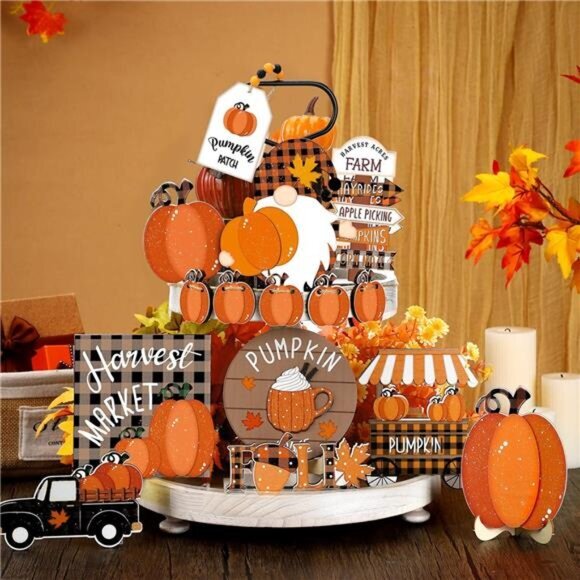 16 Pcs Fall Tiered Tray‎ Decor Set Thanksgiving Pumpkin Wooden Sign Gnomes Truck - Picture 6 of 6